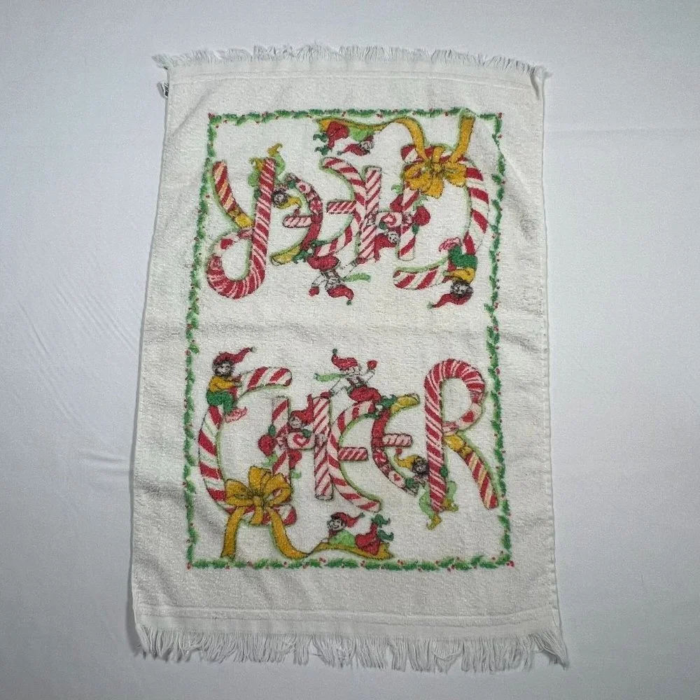 Cannon Christmas Towel 15 x 24 Candy Cane Cheer Elves‎ and Holly Vintage